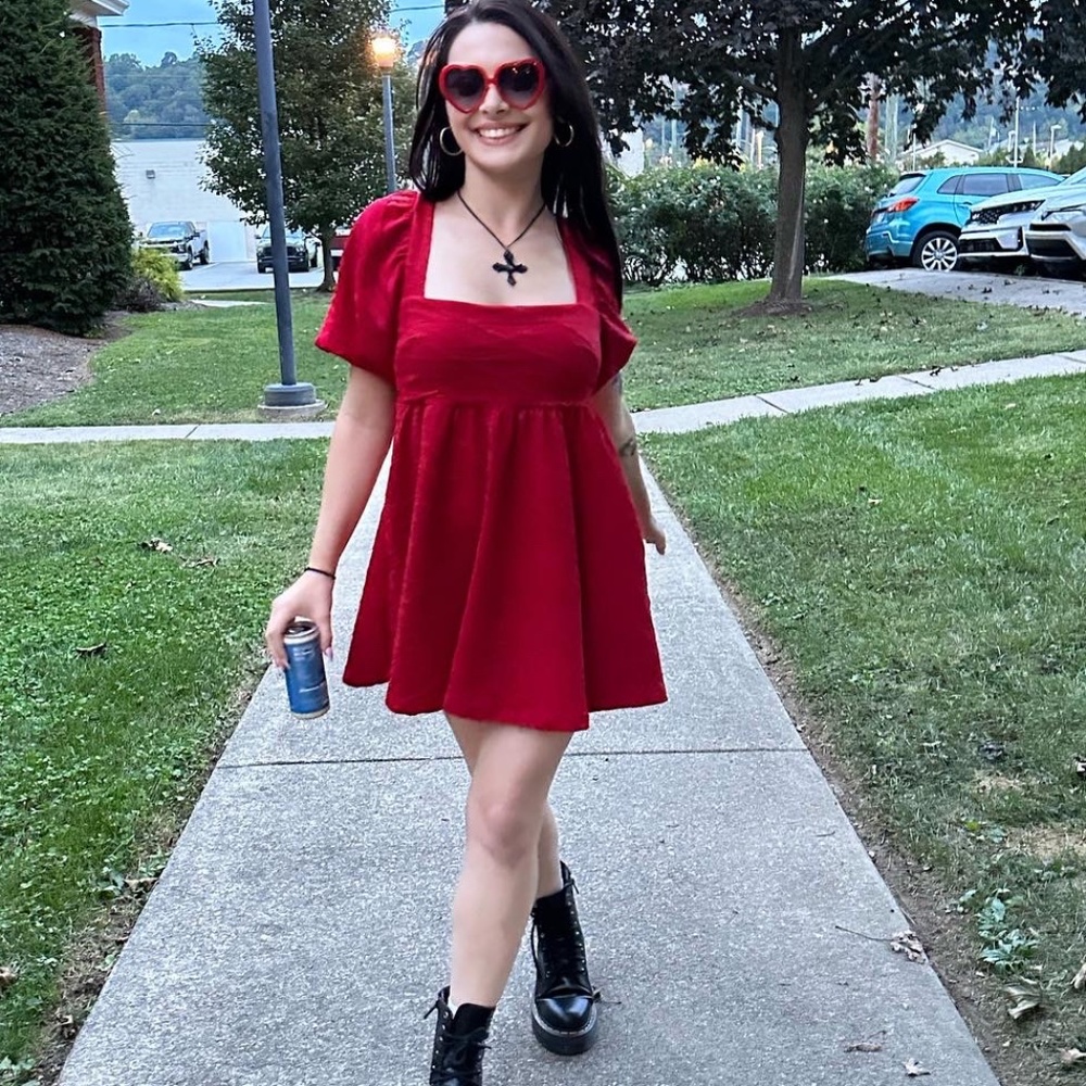 Free People Cherry Red Stretch Knit Puff Sleeve Babydoll Dress